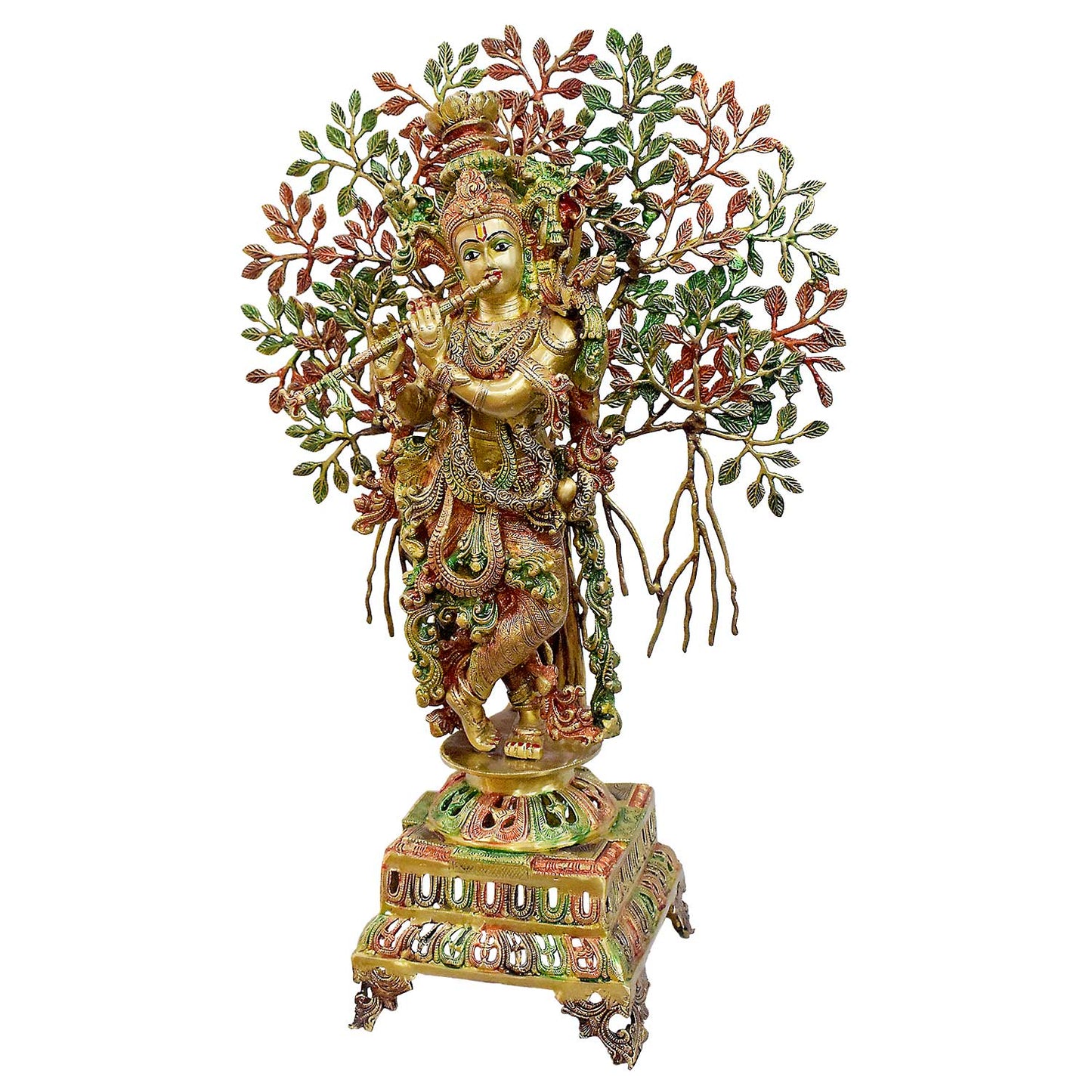 Brassaura® Brass Krishna Under Kalpavriksha Tree Statue | Height 34 Inches