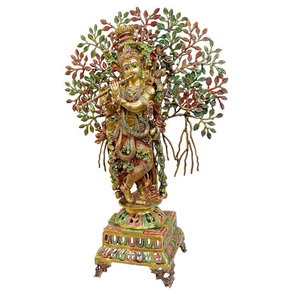 Brassaura® Brass Krishna Under Kalpavriksha Tree Statue | Height 34 Inches