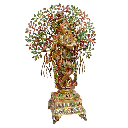 Brassaura® Brass Krishna Under Kalpavriksha Tree Statue | Height 34 Inches