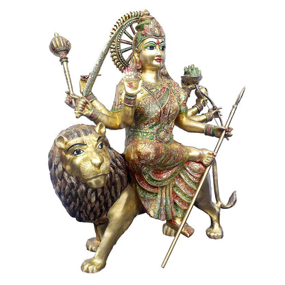 Brassaura® Brass Sherawali Mata Statue Seated on Lion | Height 34 Inches