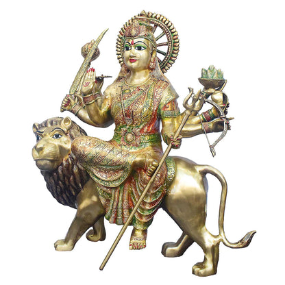 Brassaura® Brass Sherawali Mata Statue Seated on Lion | Height 34 Inches