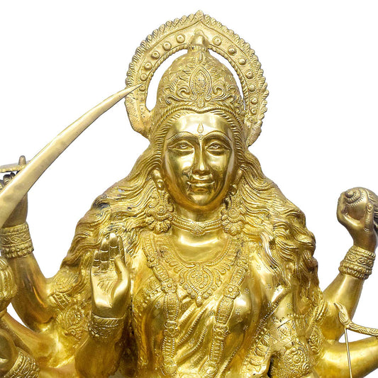 Brassaura® Goddess Durga Seated on Lion Idol with Gold Finish | Handcrafted Murti | Brass Statue | Height 43.3 Inches | Weight 90 Kgs