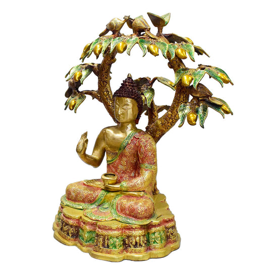 Brassaura® Buddha Statue Under Mango Tree with Birds | Pure Superfine Brass Handcrafted Murti | Brass Statue for Home Temple, Pooja Room | Height 30.31 Inches | Weight 50 Kgs