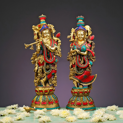 Brassaura® Brass Radha & Krishna Statue with Stonework | Height 20 Inches
