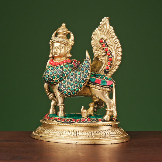 Brassaura® Brass Cow and Calf Kamdhenu Statue | Height 7 Inches