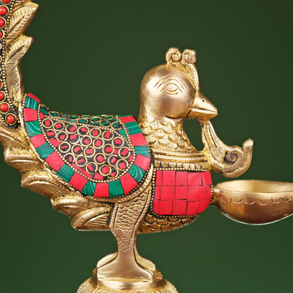 Brassaura® Brass Annam Bird Oil Diya Lamp with Stonework | Height 12 Inches