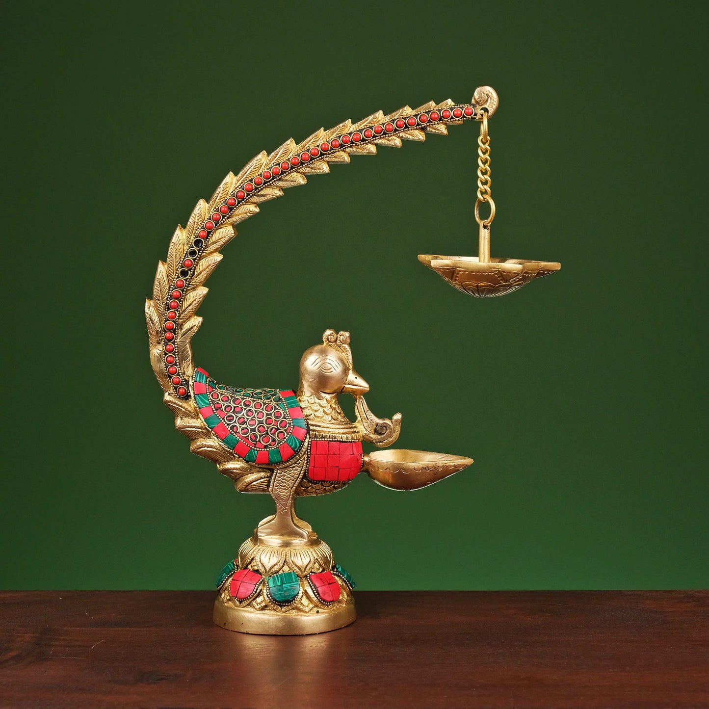 Brassaura® Brass Annam Bird Oil Diya Lamp with Stonework | Height 12 Inches