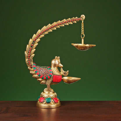 Brassaura® Brass Annam Bird Oil Diya Lamp with Stonework | Height 12 Inches