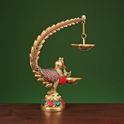 Brassaura® Brass Annam Bird Oil Diya Lamp with Stonework | Height 12 Inches