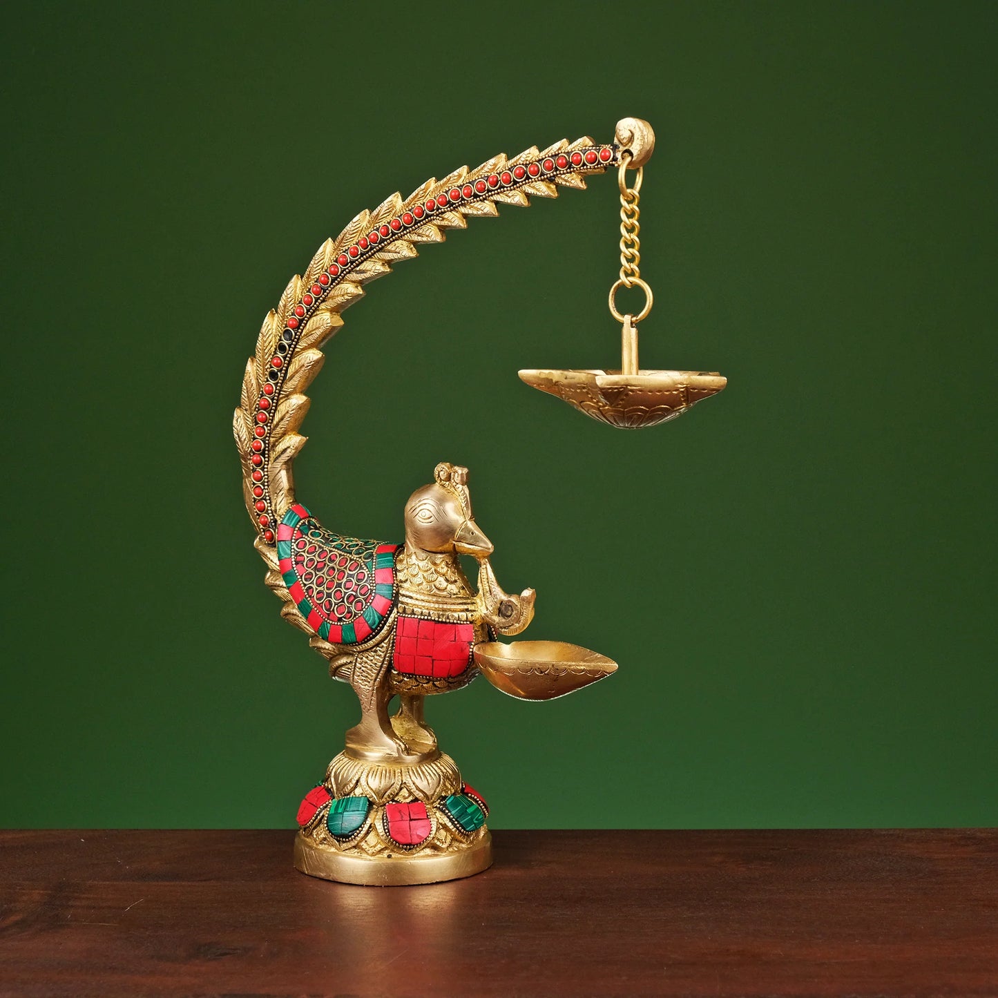 Brassaura® Brass Annam Bird Oil Diya Lamp with Stonework | Height 12 Inches