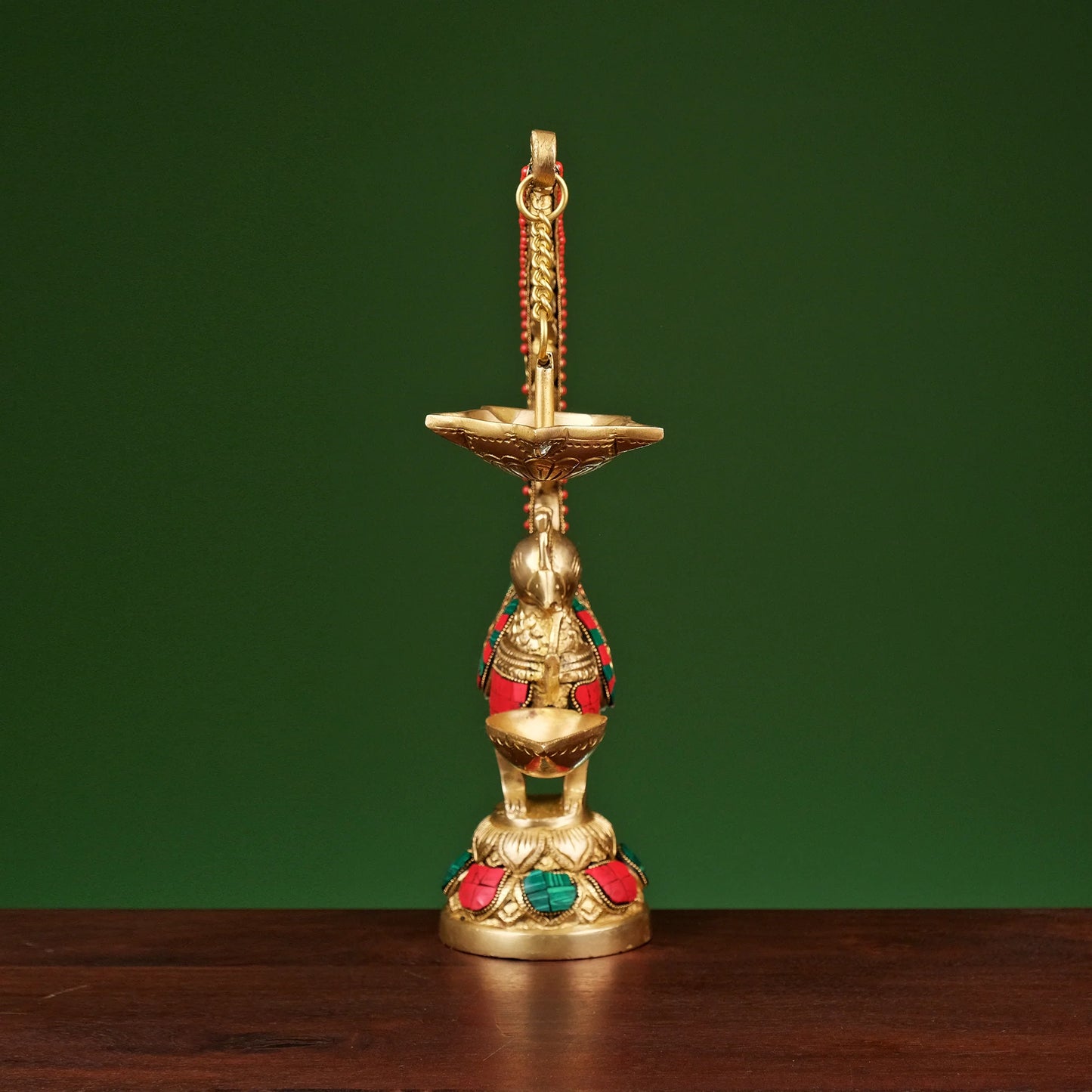 Brassaura® Brass Annam Bird Oil Diya Lamp with Stonework | Height 12 Inches