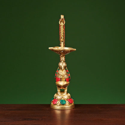 Brassaura® Brass Annam Bird Oil Diya Lamp with Stonework | Height 12 Inches