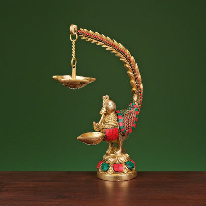Brassaura® Brass Annam Bird Oil Diya Lamp with Stonework | Height 12 Inches
