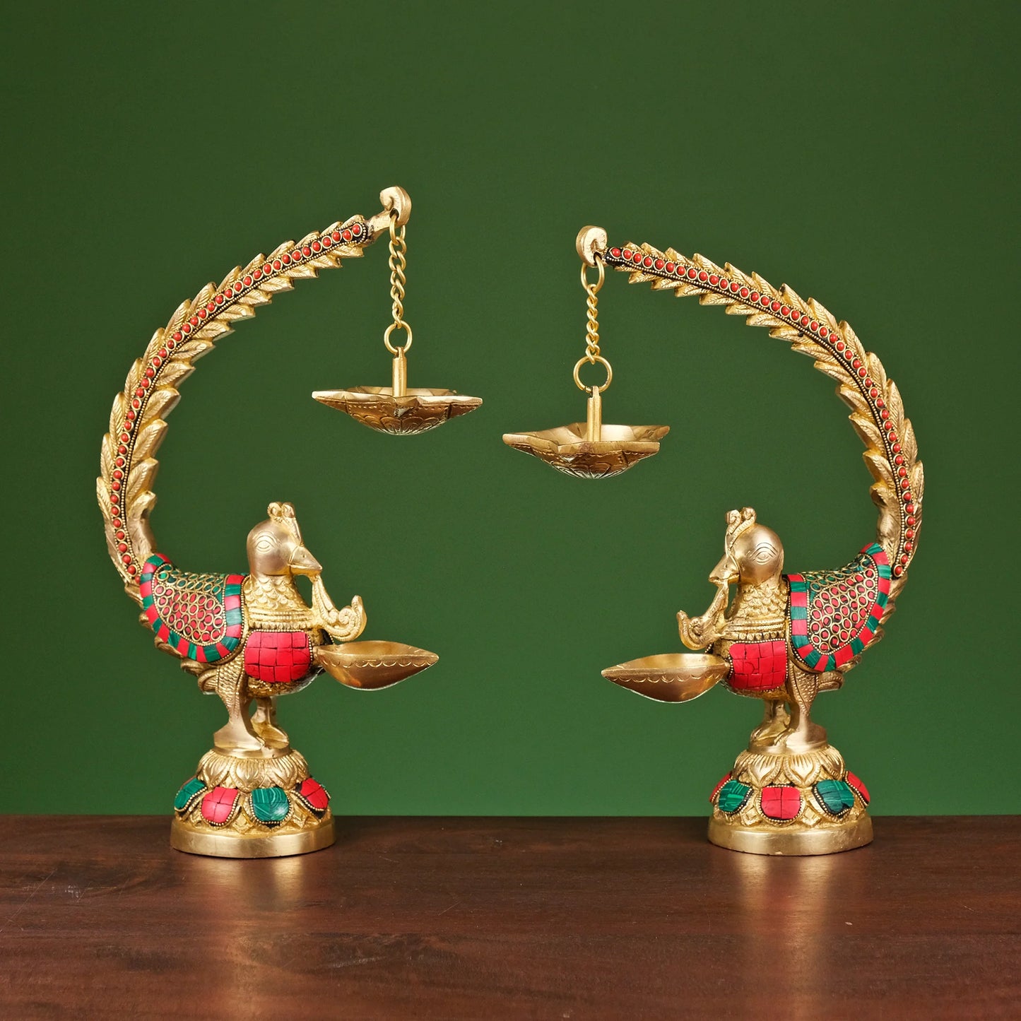 Brassaura® Brass Annam Bird Oil Diya Lamp with Stonework | Height 12 Inches