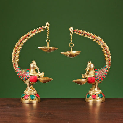 Brassaura® Brass Annam Bird Oil Diya Lamp with Stonework | Height 12 Inches