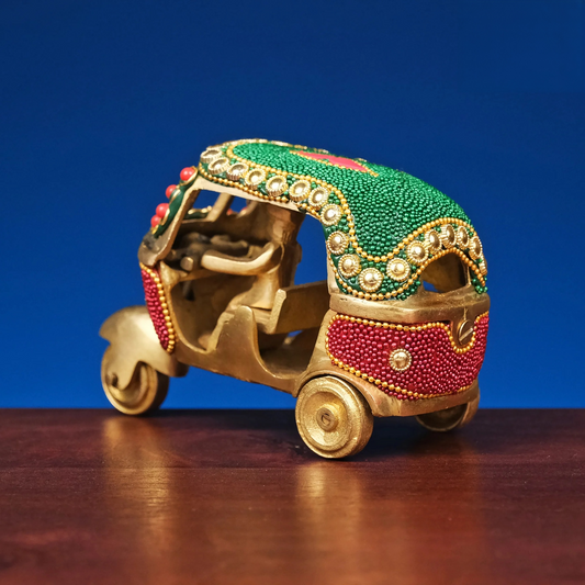 Brassaura® Brass Auto Rickshaw with Inlay Work | Height 3 Inches