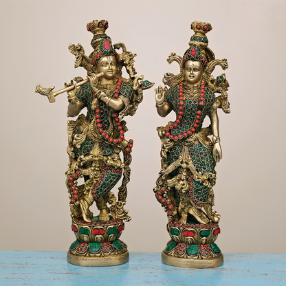 Brassaura® Brass Radha & Krishna Statue with Stonework | Height 14 Inches