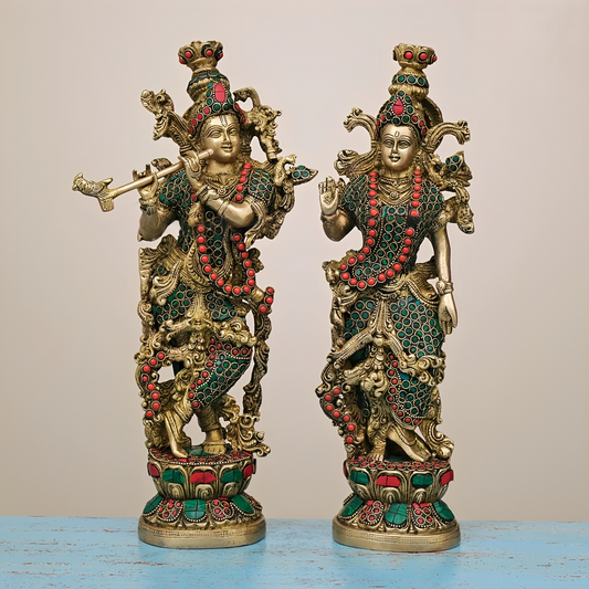 Brassaura® Brass Radha & Krishna Statue with Stonework | Height 14 Inches