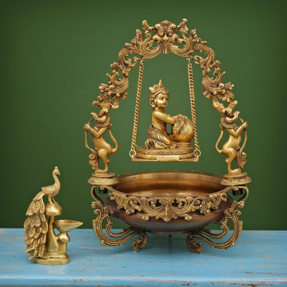 Brassaura® Brass Laddu Gopal Urli with Diya | Height 21 Inches