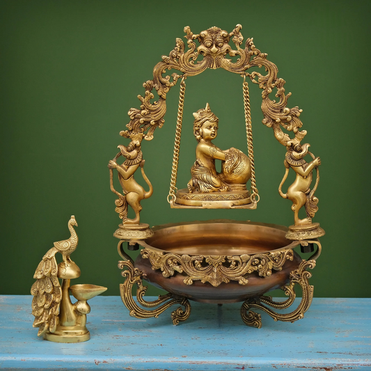 Brassaura® Brass Laddu Gopal Urli with Diya | Height 21 Inches
