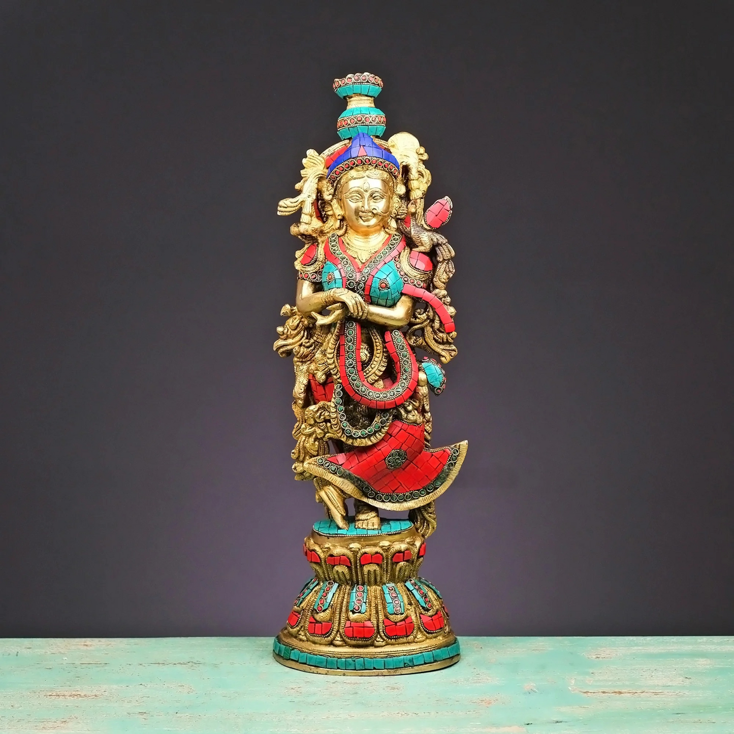 Brassaura® Brass Radha & Krishna Statue with Stonework | Height 20 Inches