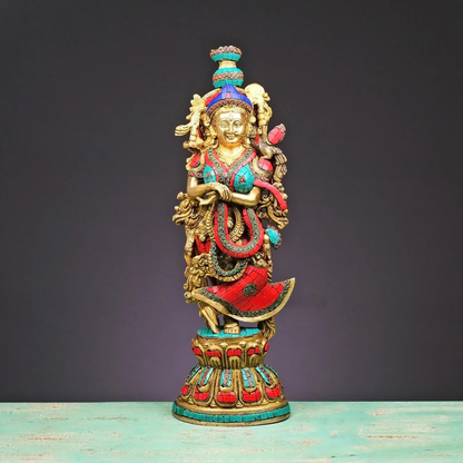 Brassaura® Brass Radha & Krishna Statue with Stonework | Height 20 Inches