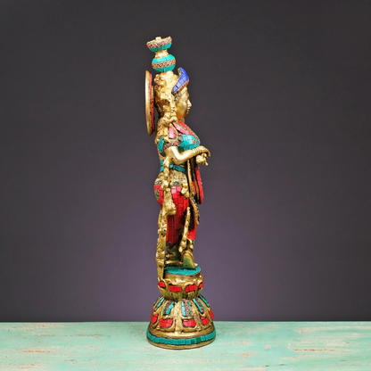 Brassaura® Brass Radha & Krishna Statue with Stonework | Height 20 Inches