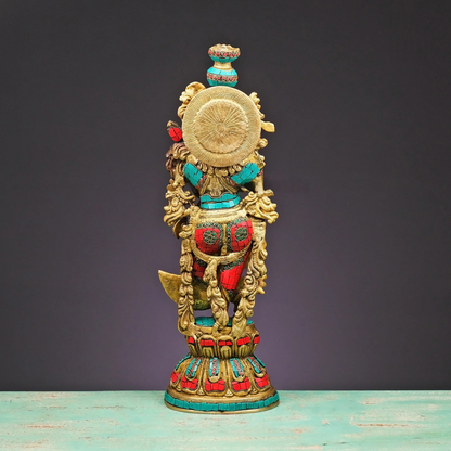 Brassaura® Brass Radha & Krishna Statue with Stonework | Height 20 Inches