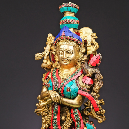 Brassaura® Brass Radha & Krishna Statue with Stonework | Height 20 Inches