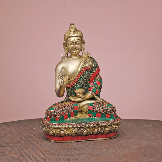 Brassaura® Brass Buddha with Stonework | Height 8 Inches