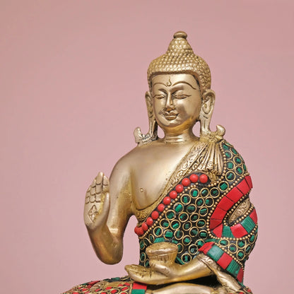 Brassaura® Brass Buddha with Stonework | Height 8 Inches