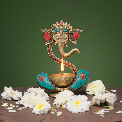 Brassaura® Brass Ganesh Diya with Stonework | Pure Brass | Height 9 Inches