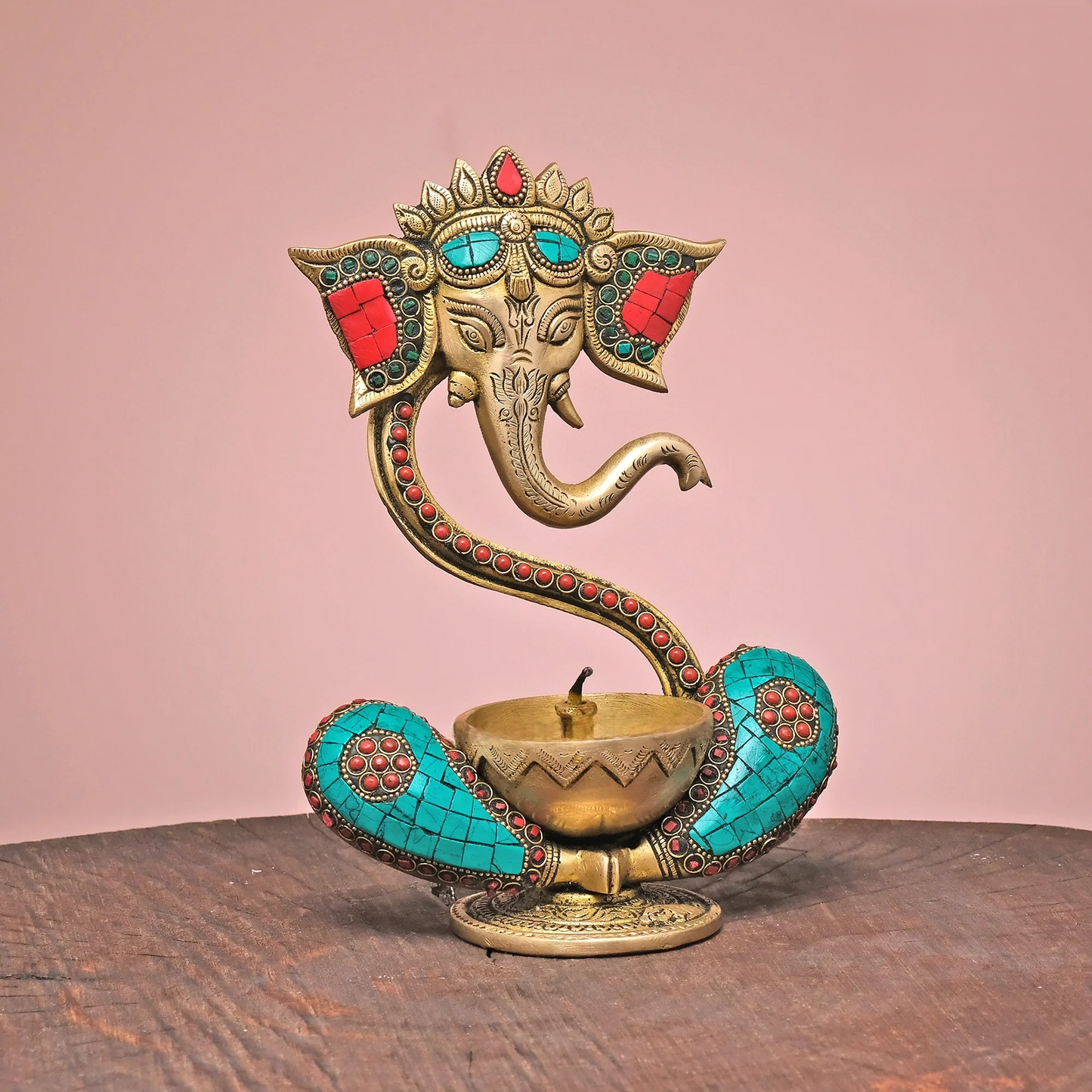 Brassaura® Brass Ganesh Diya with Stonework | Pure Brass | Height 9 Inches