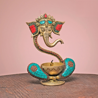 Brassaura® Brass Ganesh Diya with Stonework | Pure Brass | Height 9 Inches