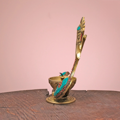 Brassaura® Brass Ganesh Diya with Stonework | Pure Brass | Height 9 Inches