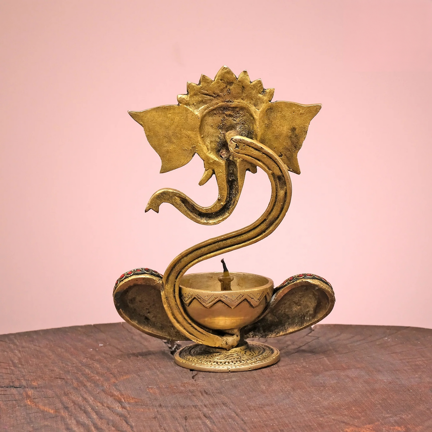 Brassaura® Brass Ganesh Diya with Stonework | Pure Brass | Height 9 Inches