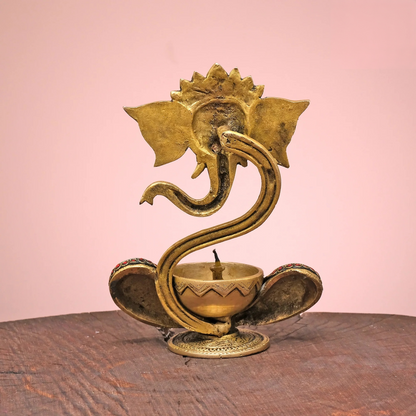 Brassaura® Brass Ganesh Diya with Stonework | Pure Brass | Height 9 Inches