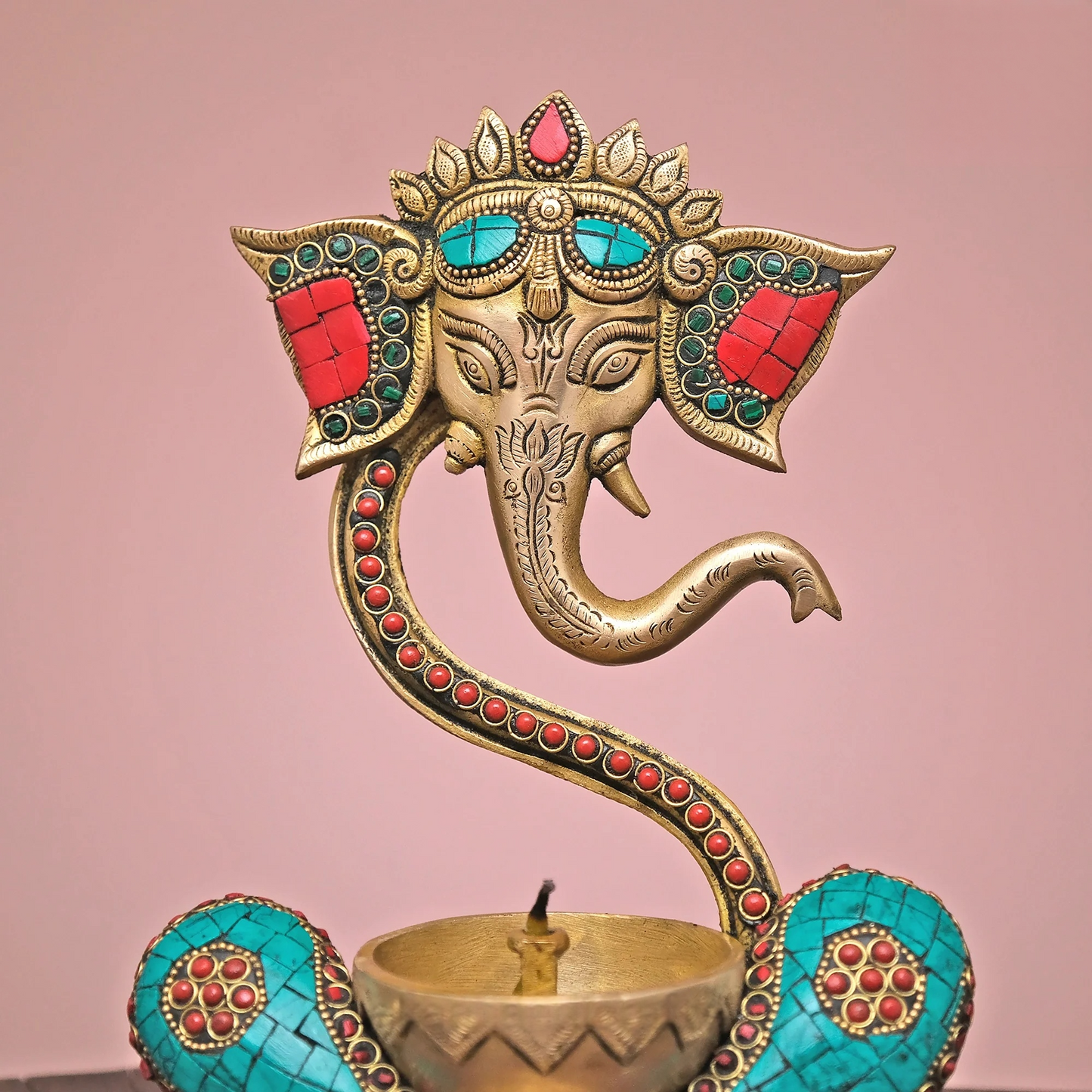 Brassaura® Brass Ganesh Diya with Stonework | Pure Brass | Height 9 Inches