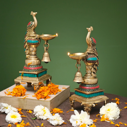Brassaura® Brass Peacock Diya with Stonework | Height 10 Inches