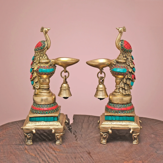 Brassaura® Brass Peacock Diya with Stonework | Height 10 Inches