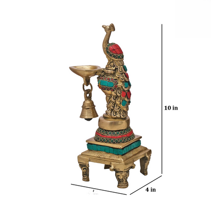 Brassaura® Brass Peacock Diya with Stonework | Height 10 Inches