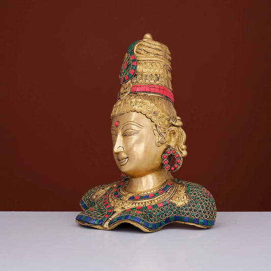 Brassaura® Brass Parvati Bust Statue | Height 11.5 Inches | Stonework Devi Face Idol for Home & Mandir