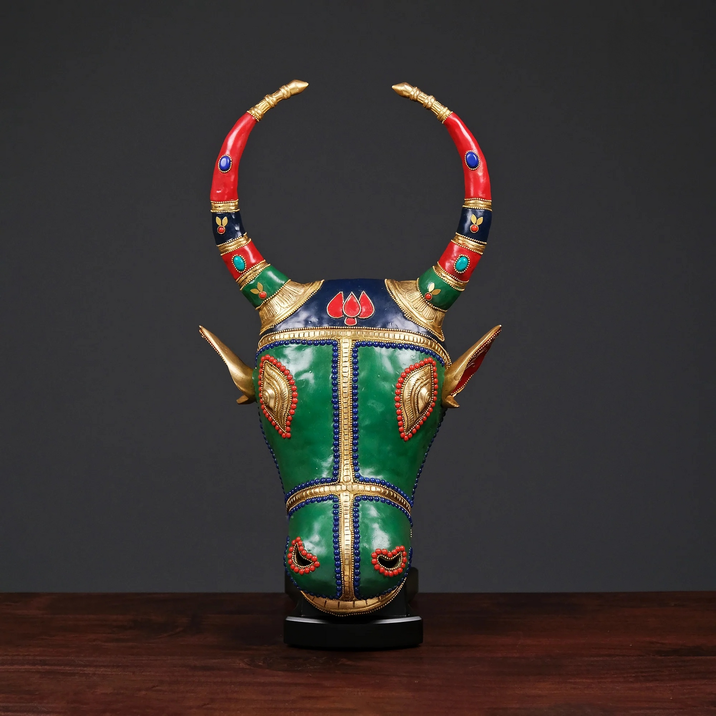 Brassaura® Brass Nandi Wall Mask with Stone Inlay Work | Height 18 Inches