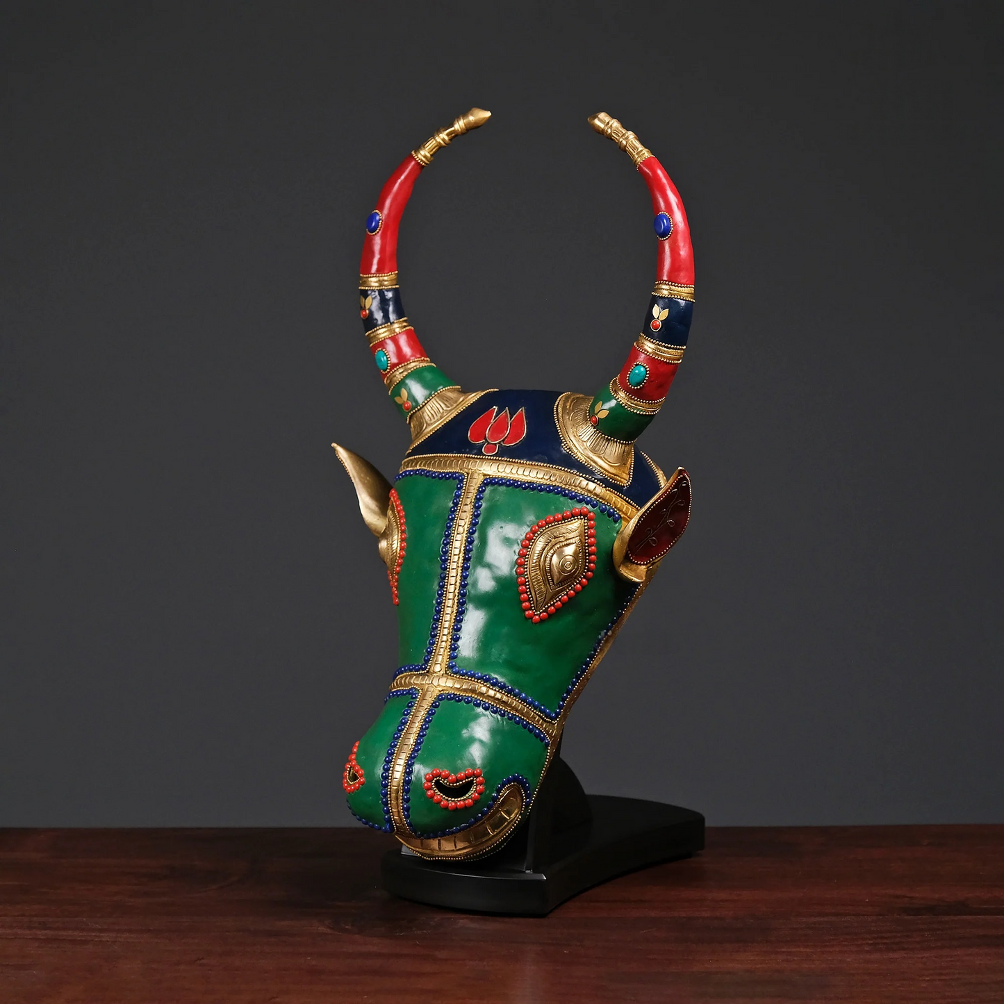 Brassaura® Brass Nandi Wall Mask with Stone Inlay Work | Height 18 Inches