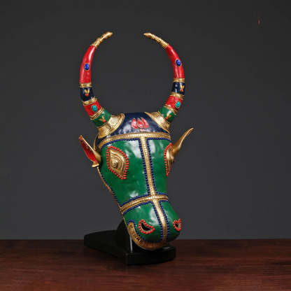 Brassaura® Brass Nandi Wall Mask with Stone Inlay Work | Height 18 Inches