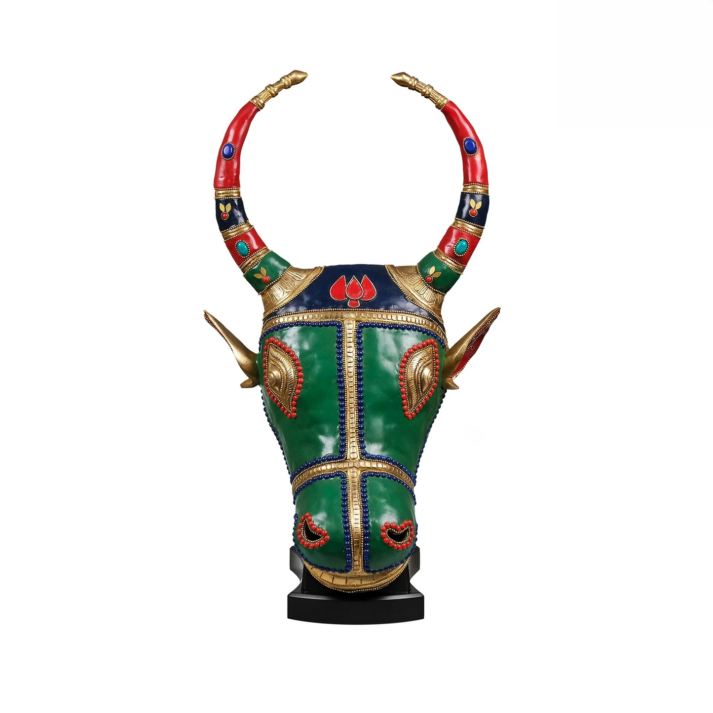 Brassaura® Brass Nandi Wall Mask with Stone Inlay Work | Height 18 Inches