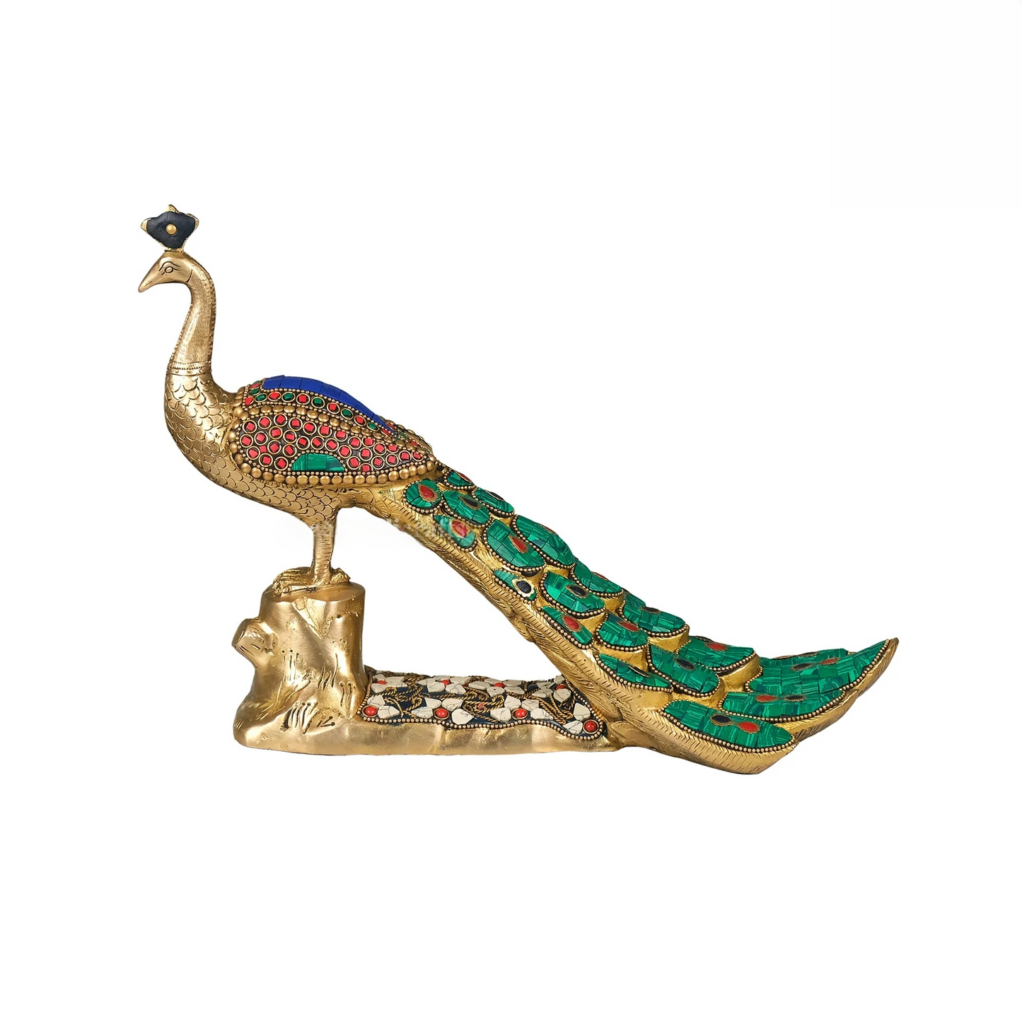 Brassaura® Brass Rajasthani Peacock with Stone Inlay | Height 9.5 Inches