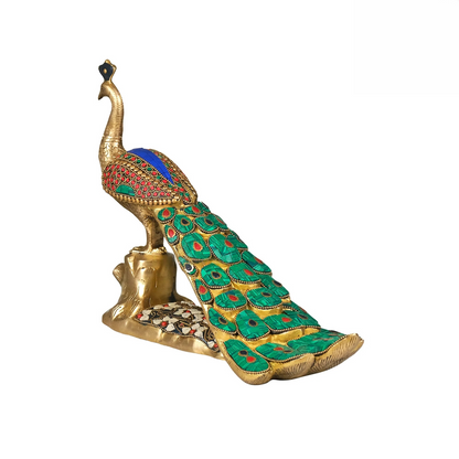 Brassaura® Brass Rajasthani Peacock with Stone Inlay | Height 9.5 Inches