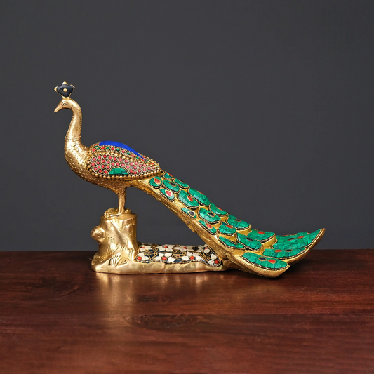 Brassaura® Brass Rajasthani Peacock with Stone Inlay | Height 9.5 Inches