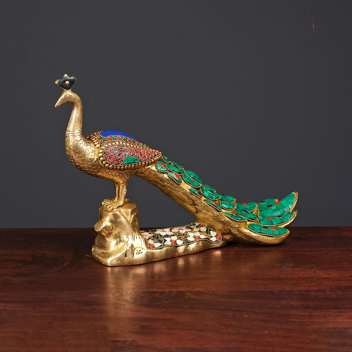 Brassaura® Brass Rajasthani Peacock with Stone Inlay | Height 9.5 Inches